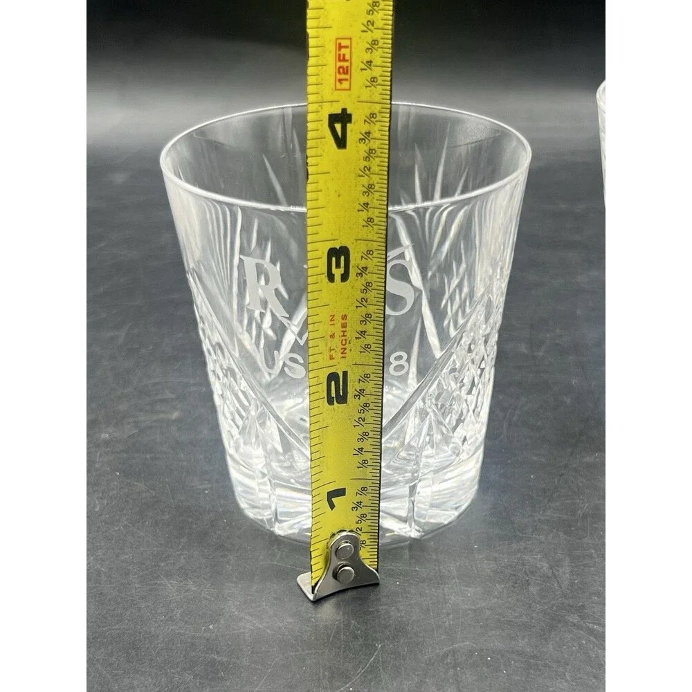 Set of 2 Cut Crystal Whiskey Tumblers RHS USA 98 Etched Double Old Fashioned